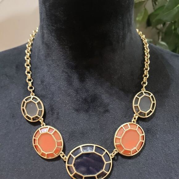 Pretty Contemporary Fashion Orange Black Gold Tone Accents Disks Fancy Necklace - Picture 2 of 7